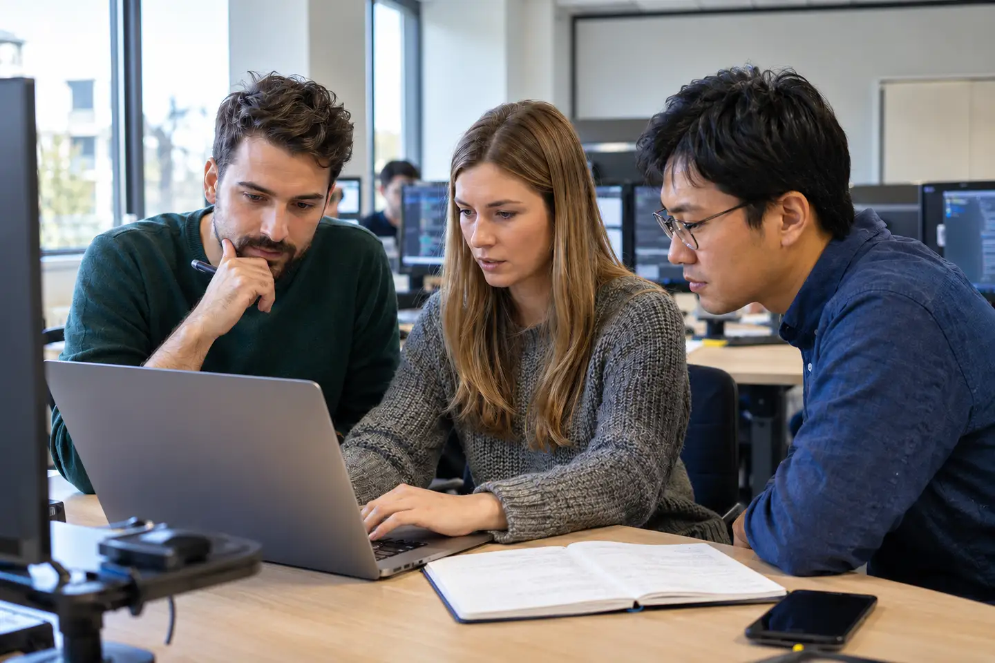 Tres personas revisando juntas en una notebook el resultado de un sistema