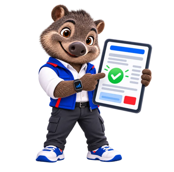 Taguín, la mascota de Taguá, muestra una factura desde el celular