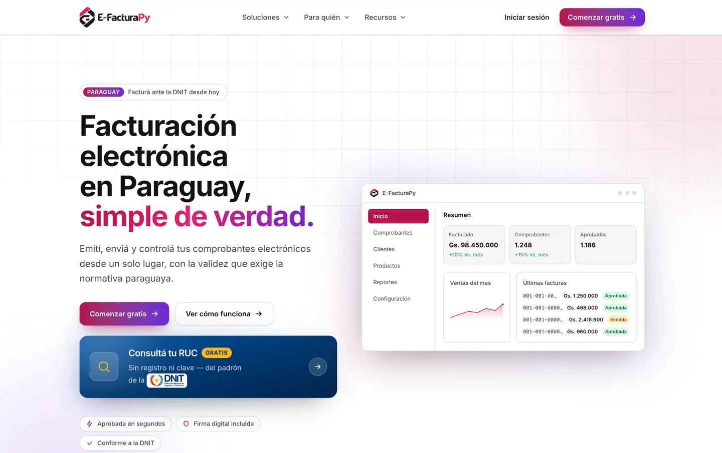 Portada de e-FacturaPy con el panel de comprobantes emitidos