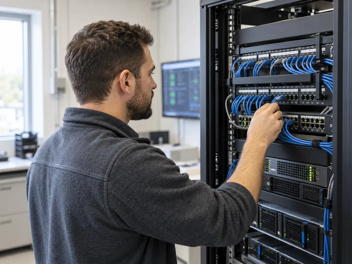 Un técnico conectando cables en un rack de servidores y switches